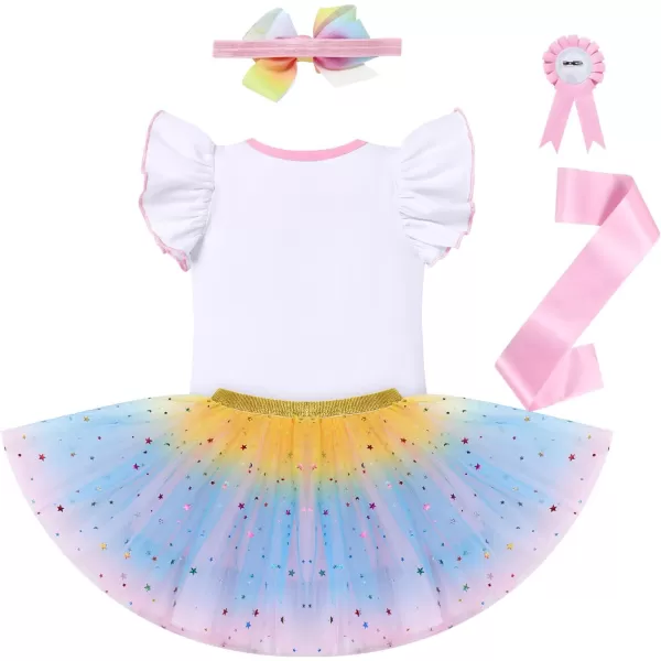 IDOPIP Rainbow Unicorn 1st 2nd 3rd Birthday Girl Outfit Baby Romper Tutu Skirt Headband Sash Badge 5PCS Cake Smash ClothesBlue  Pink  Unicorn