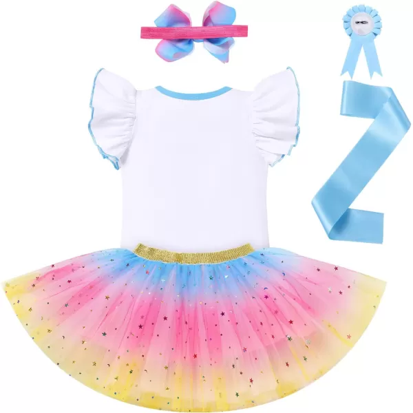 IDOPIP Rainbow Unicorn 1st 2nd 3rd Birthday Girl Outfit Baby Romper Tutu Skirt Headband Sash Badge 5PCS Cake Smash ClothesBlue  Unicorn