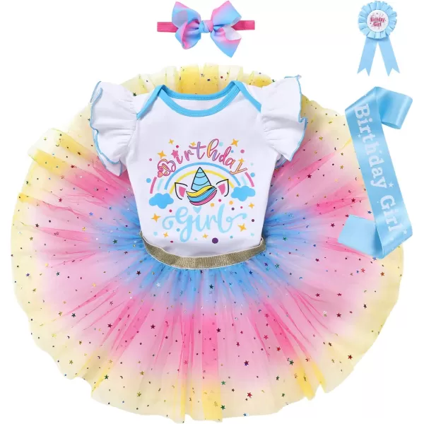 IDOPIP Rainbow Unicorn 1st 2nd 3rd Birthday Girl Outfit Baby Romper Tutu Skirt Headband Sash Badge 5PCS Cake Smash ClothesBlue  Unicorn