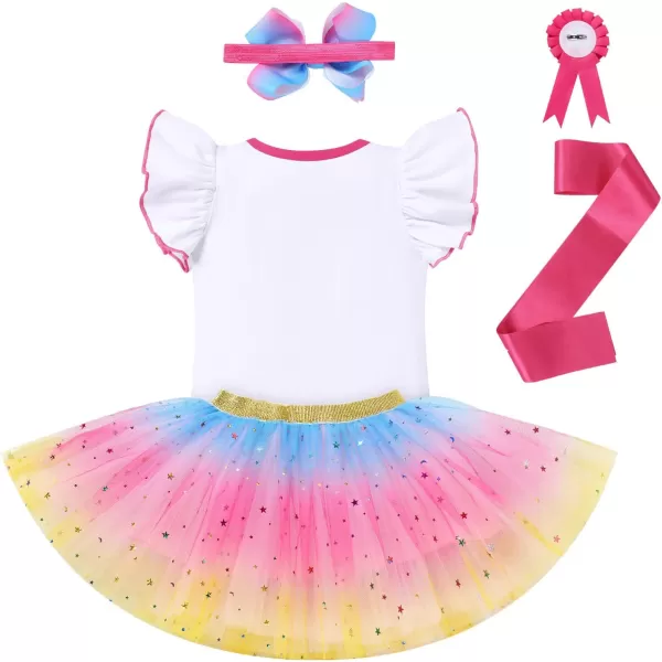 IDOPIP Rainbow Unicorn 1st 2nd 3rd Birthday Girl Outfit Baby Romper Tutu Skirt Headband Sash Badge 5PCS Cake Smash ClothesHot Pink  Cloud 2nd