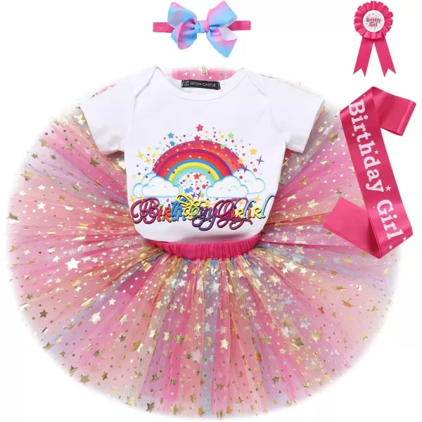 IDOPIP Rainbow Unicorn 1st 2nd 3rd Birthday Girl Outfit Baby Romper Tutu Skirt Headband Sash Badge 5PCS Cake Smash ClothesHot Pink  Rainbow