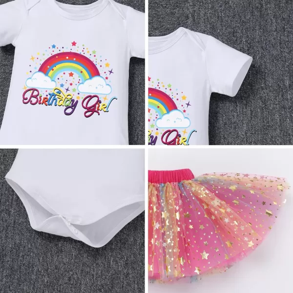 IDOPIP Rainbow Unicorn 1st 2nd 3rd Birthday Girl Outfit Baby Romper Tutu Skirt Headband Sash Badge 5PCS Cake Smash ClothesHot Pink  Rainbow