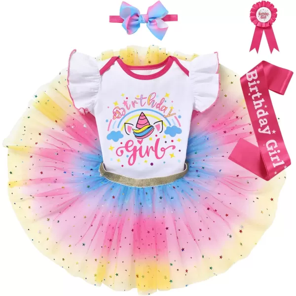 IDOPIP Rainbow Unicorn 1st 2nd 3rd Birthday Girl Outfit Baby Romper Tutu Skirt Headband Sash Badge 5PCS Cake Smash ClothesHot Pink  Unicorn