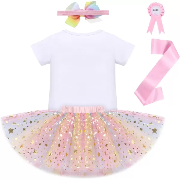 IDOPIP Rainbow Unicorn 1st 2nd 3rd Birthday Girl Outfit Baby Romper Tutu Skirt Headband Sash Badge 5PCS Cake Smash ClothesPink  Rainbow