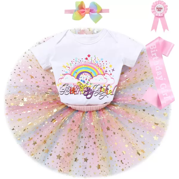 IDOPIP Rainbow Unicorn 1st 2nd 3rd Birthday Girl Outfit Baby Romper Tutu Skirt Headband Sash Badge 5PCS Cake Smash ClothesPink  Rainbow