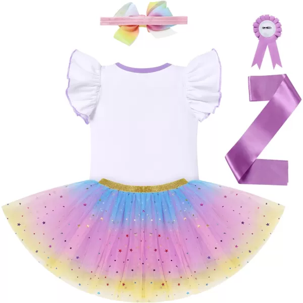 IDOPIP Rainbow Unicorn 1st 2nd 3rd Birthday Girl Outfit Baby Romper Tutu Skirt Headband Sash Badge 5PCS Cake Smash ClothesPurple  Unicorn