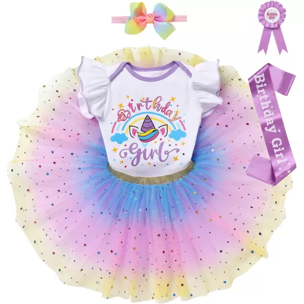 IDOPIP Rainbow Unicorn 1st 2nd 3rd Birthday Girl Outfit Baby Romper Tutu Skirt Headband Sash Badge 5PCS Cake Smash ClothesPurple  Unicorn