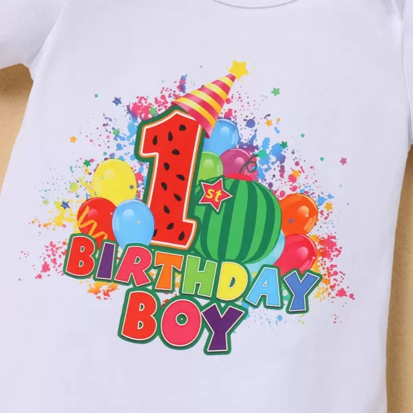 IDOPIP Rainbow Watermelon Birthday Boy Outfit Baby Boys Summer Romper Shirt Suspenders Denim Shorts Headband 4PCS Clothes Set1st Birthday Boy 3pcs