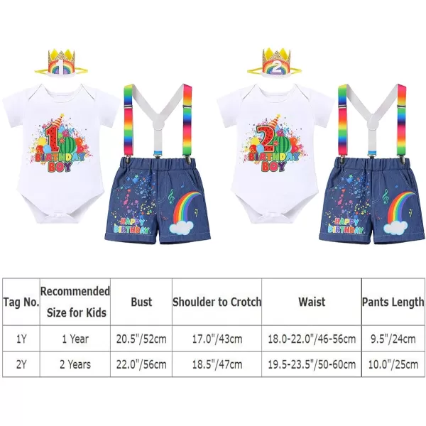 IDOPIP Rainbow Watermelon Birthday Boy Outfit Baby Boys Summer Romper Shirt Suspenders Denim Shorts Headband 4PCS Clothes Set2nd Birthday Boy