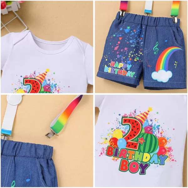 IDOPIP Rainbow Watermelon Birthday Boy Outfit Baby Boys Summer Romper Shirt Suspenders Denim Shorts Headband 4PCS Clothes Set2nd Birthday Boy