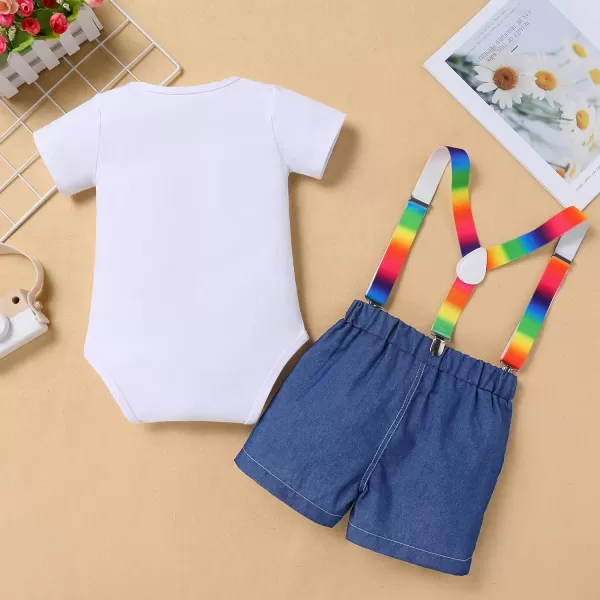 IDOPIP Rainbow Watermelon Birthday Boy Outfit Baby Boys Summer Romper Shirt Suspenders Denim Shorts Headband 4PCS Clothes Set2nd Birthday Boy