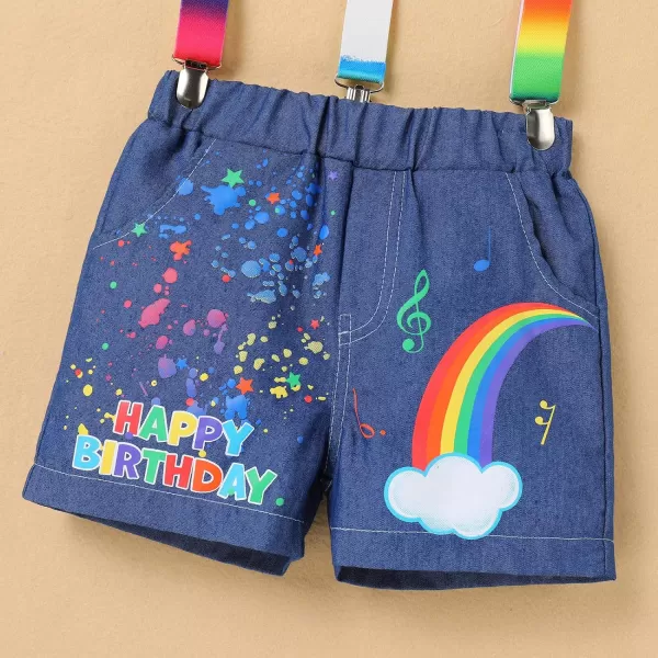 IDOPIP Rainbow Watermelon Birthday Boy Outfit Baby Boys Summer Romper Shirt Suspenders Denim Shorts Headband 4PCS Clothes Set2nd Birthday Boy