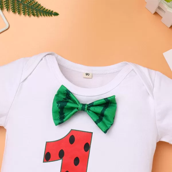 IDOPIP Rainbow Watermelon Birthday Boy Outfit Baby Boys Summer Romper Shirt Suspenders Denim Shorts Headband 4PCS Clothes Set3pcs Green Watermelon