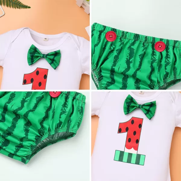 IDOPIP Rainbow Watermelon Birthday Boy Outfit Baby Boys Summer Romper Shirt Suspenders Denim Shorts Headband 4PCS Clothes Set3pcs Green Watermelon