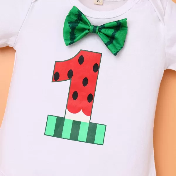 IDOPIP Rainbow Watermelon Birthday Boy Outfit Baby Boys Summer Romper Shirt Suspenders Denim Shorts Headband 4PCS Clothes Set3pcs Green Watermelon