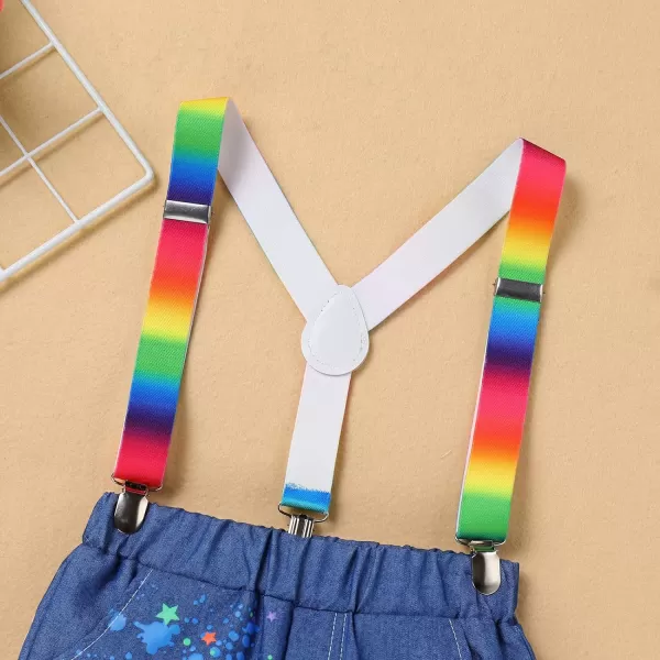 IDOPIP Rainbow Watermelon Birthday Boy Outfit Baby Boys Summer Romper Shirt Suspenders Denim Shorts Headband 4PCS Clothes Set3rd Birthday Boy