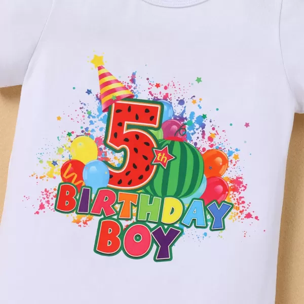 IDOPIP Rainbow Watermelon Birthday Boy Outfit Baby Boys Summer Romper Shirt Suspenders Denim Shorts Headband 4PCS Clothes Set5th Birthday Boy 3pcs