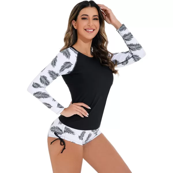 IDOPIP Rash Guard for Women Long Sleeve Floral Print Swim Shirts with Shorts Bottom UPF 50 Two Piece Swimsuit Bathing SuitBlack  White