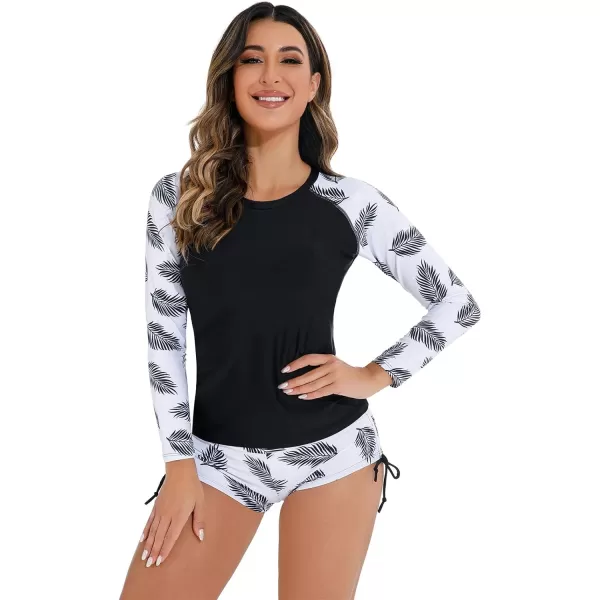 IDOPIP Rash Guard for Women Long Sleeve Floral Print Swim Shirts with Shorts Bottom UPF 50 Two Piece Swimsuit Bathing SuitBlack  White