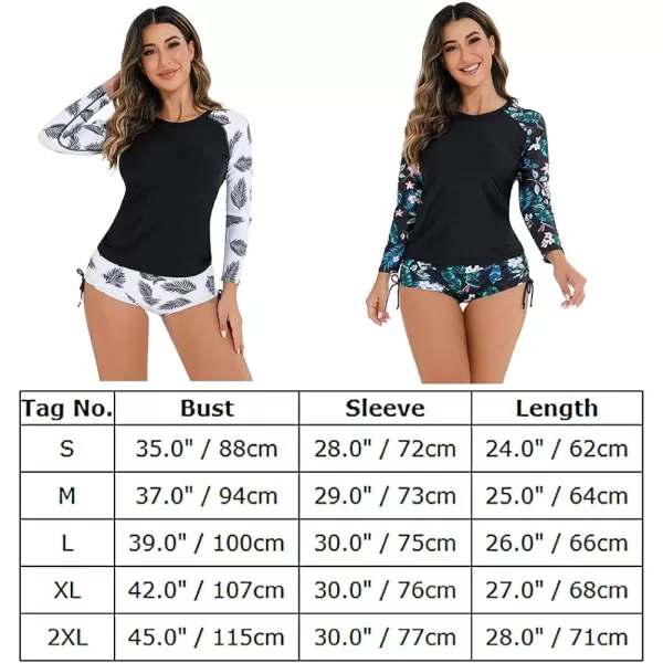 IDOPIP Rash Guard for Women Long Sleeve Floral Print Swim Shirts with Shorts Bottom UPF 50 Two Piece Swimsuit Bathing SuitBlack  White