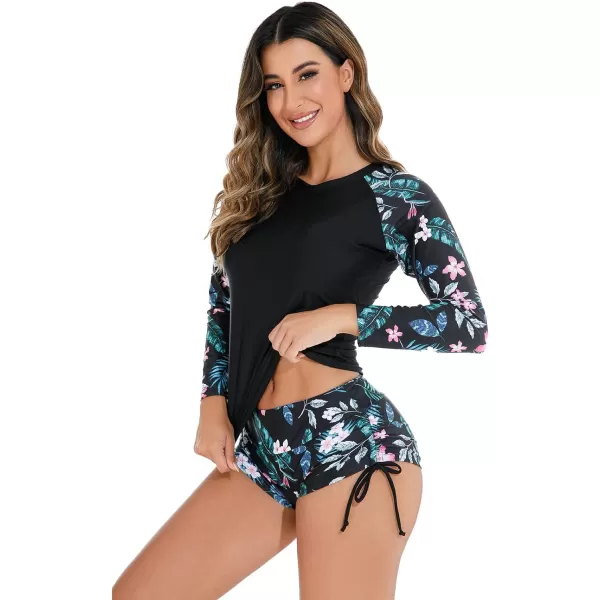 IDOPIP Rash Guard for Women Long Sleeve Floral Print Swim Shirts with Shorts Bottom UPF 50 Two Piece Swimsuit Bathing SuitBlack