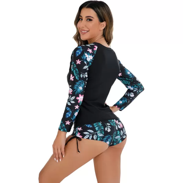 IDOPIP Rash Guard for Women Long Sleeve Floral Print Swim Shirts with Shorts Bottom UPF 50 Two Piece Swimsuit Bathing SuitBlack