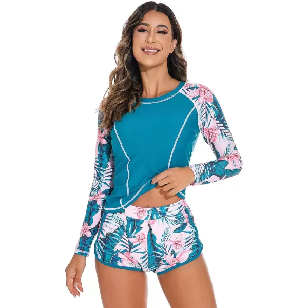 IDOPIP Rash Guard for Women Long Sleeve Floral Print Swim Shirts with Shorts Bottom UPF 50 Two Piece Swimsuit Bathing SuitBlue