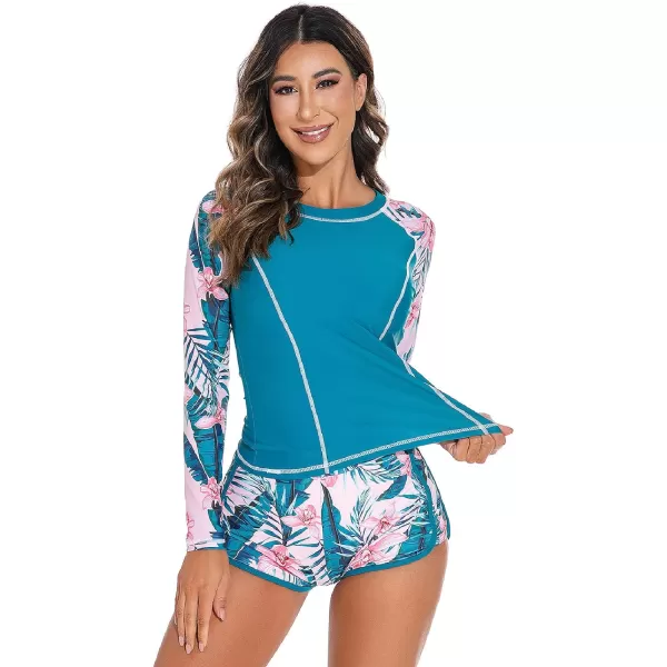 IDOPIP Rash Guard for Women Long Sleeve Floral Print Swim Shirts with Shorts Bottom UPF 50 Two Piece Swimsuit Bathing SuitBlue