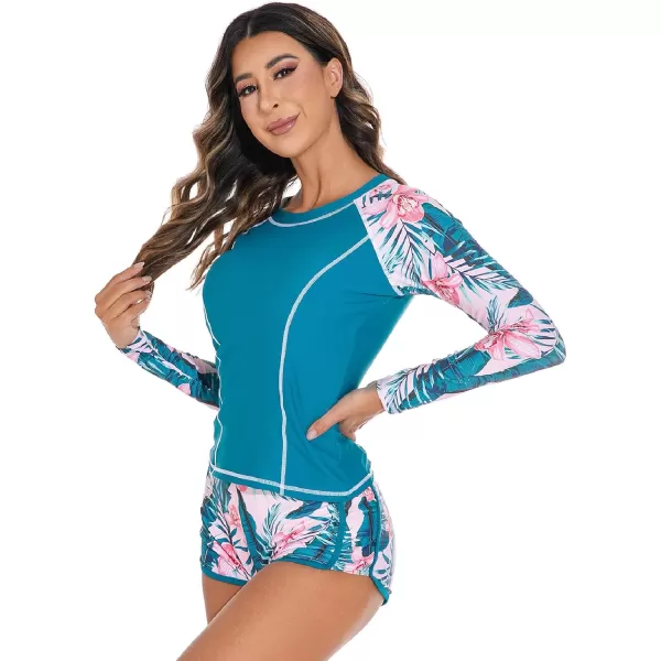 IDOPIP Rash Guard for Women Long Sleeve Floral Print Swim Shirts with Shorts Bottom UPF 50 Two Piece Swimsuit Bathing SuitBlue