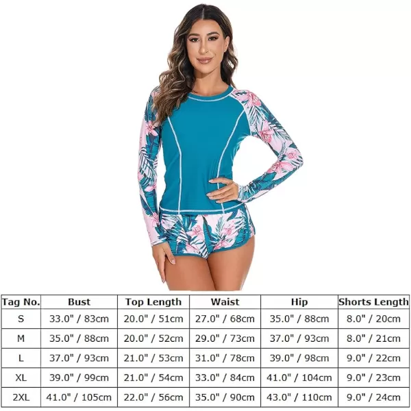 IDOPIP Rash Guard for Women Long Sleeve Floral Print Swim Shirts with Shorts Bottom UPF 50 Two Piece Swimsuit Bathing SuitBlue