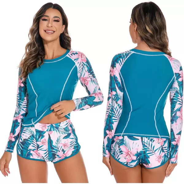 IDOPIP Rash Guard for Women Long Sleeve Floral Print Swim Shirts with Shorts Bottom UPF 50 Two Piece Swimsuit Bathing SuitBlue