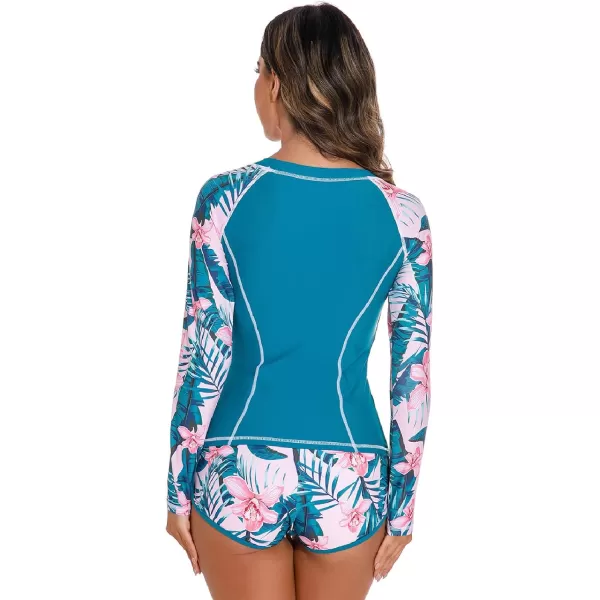 IDOPIP Rash Guard for Women Long Sleeve Floral Print Swim Shirts with Shorts Bottom UPF 50 Two Piece Swimsuit Bathing SuitBlue