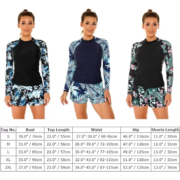 IDOPIP Rash Guard for Women Long Sleeve Floral Print Swim Shirts with Shorts Bottom UPF 50 Two Piece Swimsuit Bathing SuitBlue Leaves
