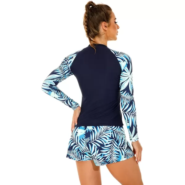 IDOPIP Rash Guard for Women Long Sleeve Floral Print Swim Shirts with Shorts Bottom UPF 50 Two Piece Swimsuit Bathing SuitBlue Leaves