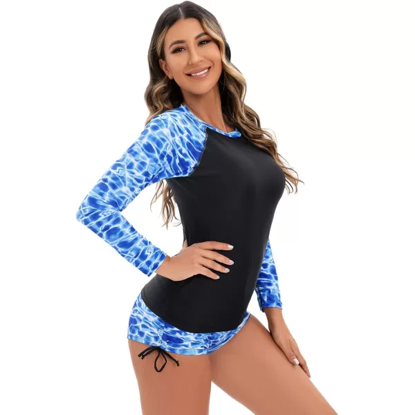 IDOPIP Rash Guard for Women Long Sleeve Floral Print Swim Shirts with Shorts Bottom UPF 50 Two Piece Swimsuit Bathing SuitBlue Print