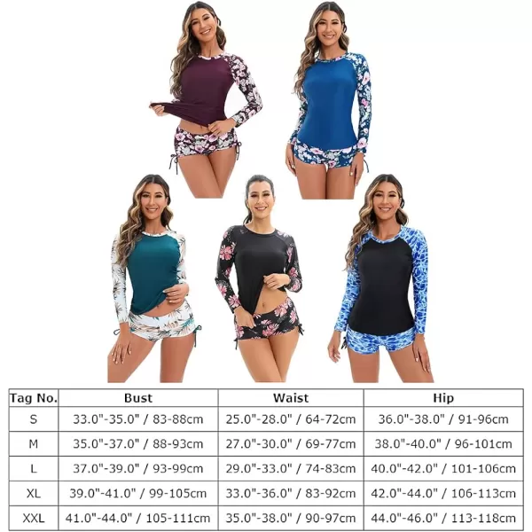 IDOPIP Rash Guard for Women Long Sleeve Floral Print Swim Shirts with Shorts Bottom UPF 50 Two Piece Swimsuit Bathing SuitBlue Print