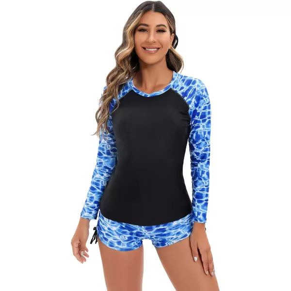 IDOPIP Rash Guard for Women Long Sleeve Floral Print Swim Shirts with Shorts Bottom UPF 50 Two Piece Swimsuit Bathing SuitBlue Print