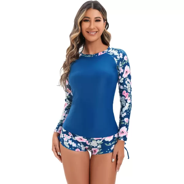 IDOPIP Rash Guard for Women Long Sleeve Floral Print Swim Shirts with Shorts Bottom UPF 50 Two Piece Swimsuit Bathing SuitDark Blue Floral