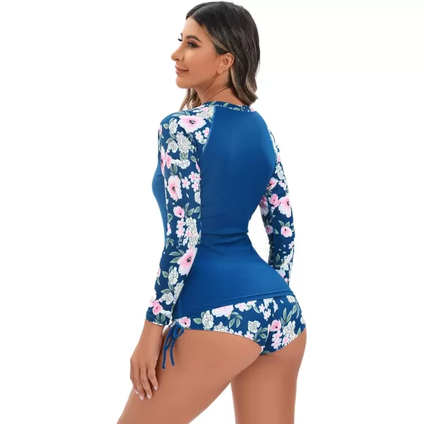 IDOPIP Rash Guard for Women Long Sleeve Floral Print Swim Shirts with Shorts Bottom UPF 50 Two Piece Swimsuit Bathing SuitDark Blue Floral