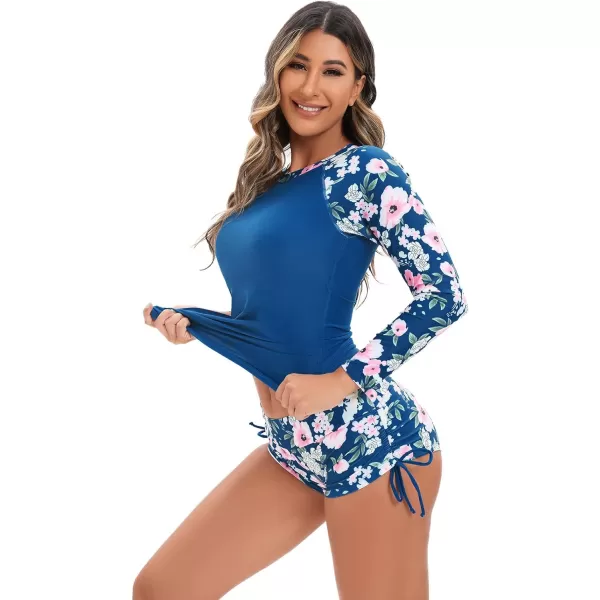 IDOPIP Rash Guard for Women Long Sleeve Floral Print Swim Shirts with Shorts Bottom UPF 50 Two Piece Swimsuit Bathing SuitDark Blue Floral