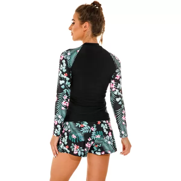 IDOPIP Rash Guard for Women Long Sleeve Floral Print Swim Shirts with Shorts Bottom UPF 50 Two Piece Swimsuit Bathing SuitGreen Floral