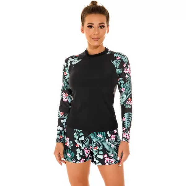 IDOPIP Rash Guard for Women Long Sleeve Floral Print Swim Shirts with Shorts Bottom UPF 50 Two Piece Swimsuit Bathing SuitGreen Floral