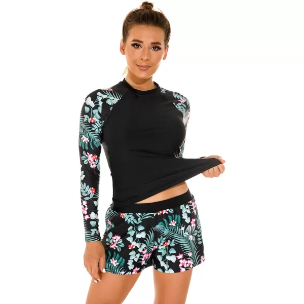 IDOPIP Rash Guard for Women Long Sleeve Floral Print Swim Shirts with Shorts Bottom UPF 50 Two Piece Swimsuit Bathing SuitGreen Floral