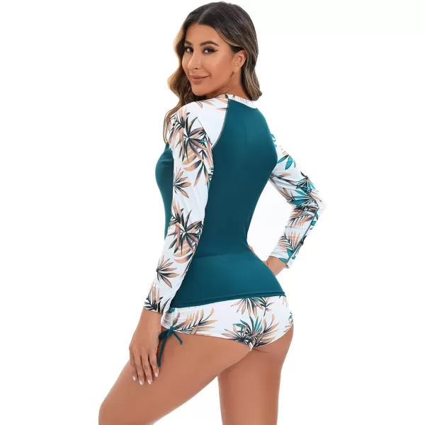 IDOPIP Rash Guard for Women Long Sleeve Floral Print Swim Shirts with Shorts Bottom UPF 50 Two Piece Swimsuit Bathing SuitPeacock Blue Floral