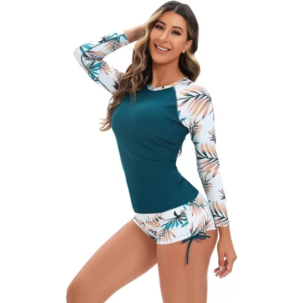 IDOPIP Rash Guard for Women Long Sleeve Floral Print Swim Shirts with Shorts Bottom UPF 50 Two Piece Swimsuit Bathing SuitPeacock Blue Floral