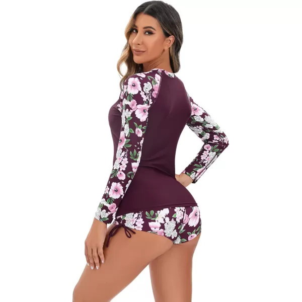 IDOPIP Rash Guard for Women Long Sleeve Floral Print Swim Shirts with Shorts Bottom UPF 50 Two Piece Swimsuit Bathing SuitPurple Floral