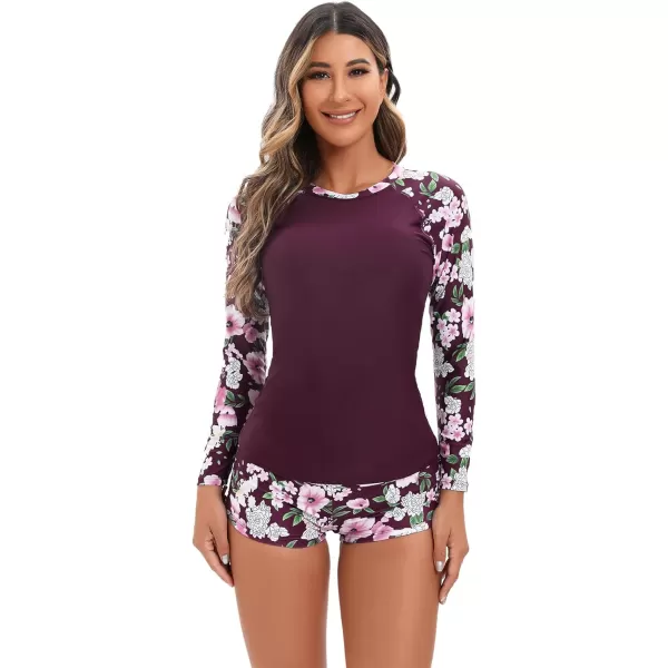 IDOPIP Rash Guard for Women Long Sleeve Floral Print Swim Shirts with Shorts Bottom UPF 50 Two Piece Swimsuit Bathing SuitPurple Floral