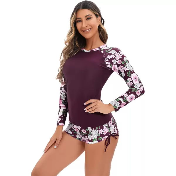 IDOPIP Rash Guard for Women Long Sleeve Floral Print Swim Shirts with Shorts Bottom UPF 50 Two Piece Swimsuit Bathing SuitPurple Floral