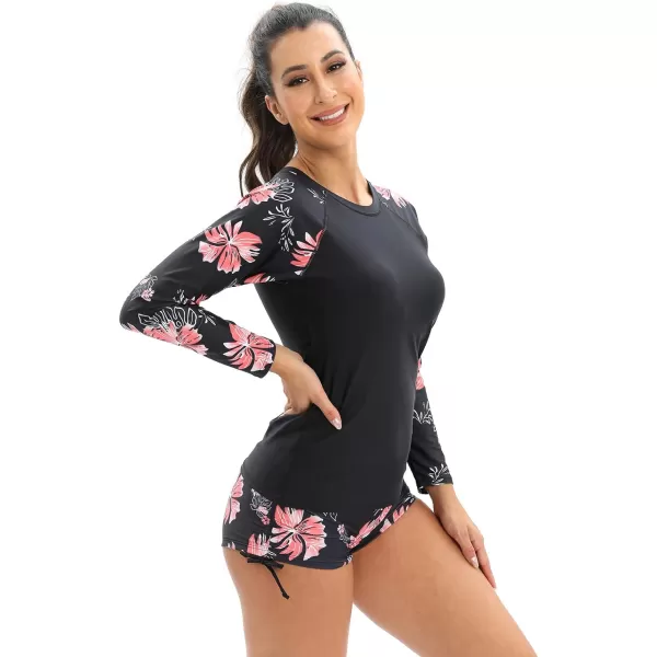 IDOPIP Rash Guard for Women Long Sleeve Floral Print Swim Shirts with Shorts Bottom UPF 50 Two Piece Swimsuit Bathing SuitRed Floral