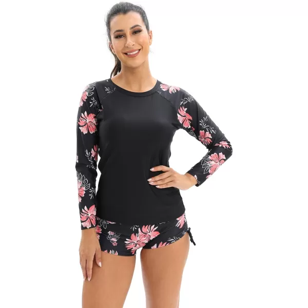 IDOPIP Rash Guard for Women Long Sleeve Floral Print Swim Shirts with Shorts Bottom UPF 50 Two Piece Swimsuit Bathing SuitRed Floral